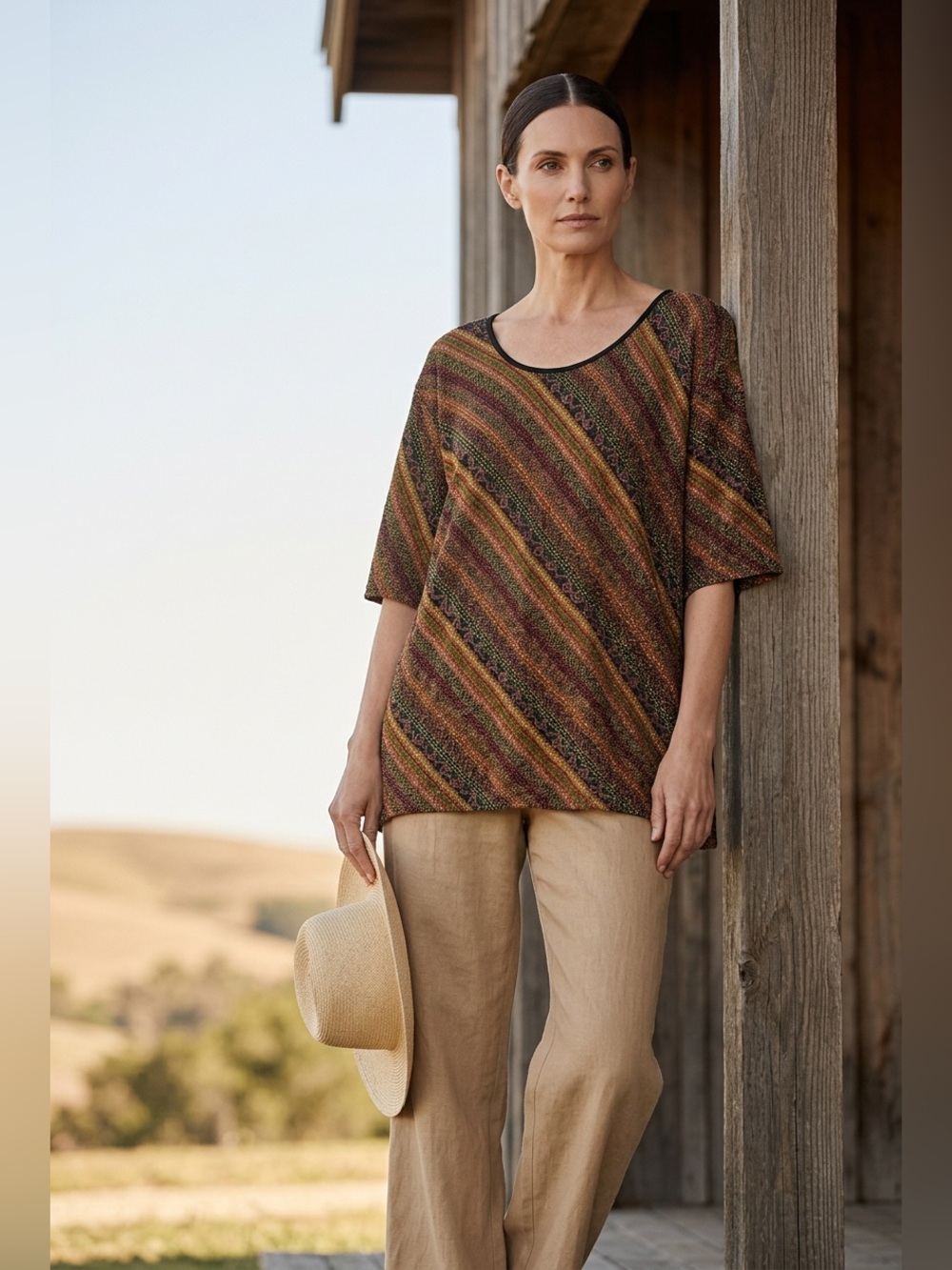 Alia Woman Multicolor Diagonal Striped Scoop Neck Tunic